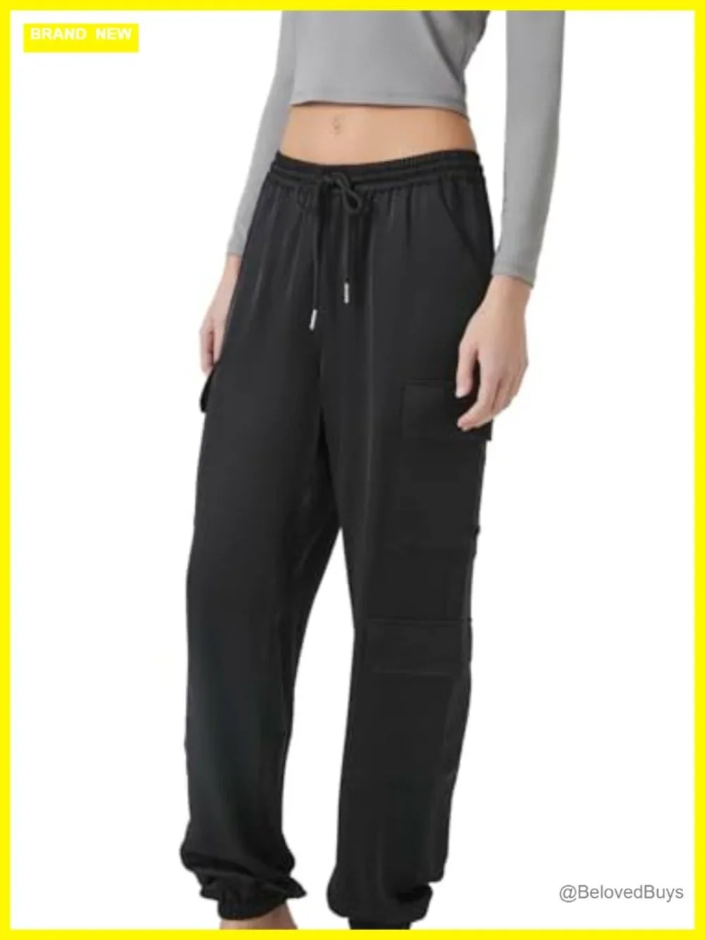 Satin Mid-Rise Cargo Pants with Drawstring Waist